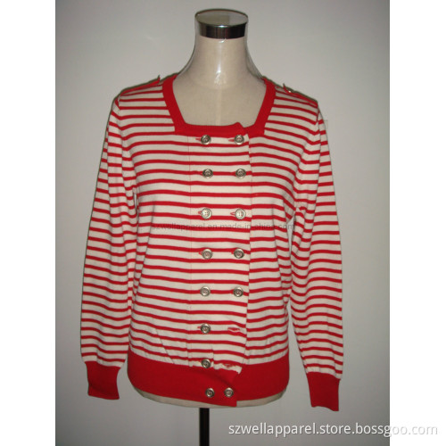 Woman's Decoration Buttons Stripes Knitted Coat (SZWA-0916)